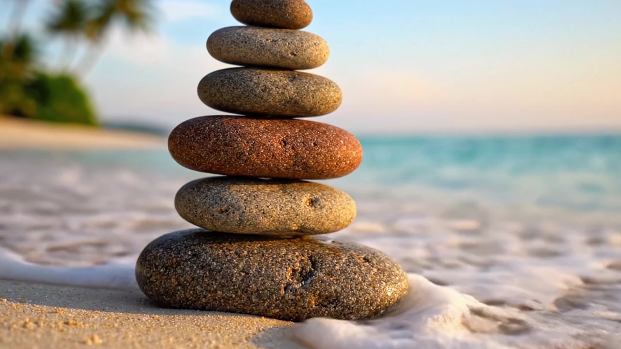 A serene beach scene featuring a perfectly stacked arrangement of smooth stones, symbolizing balance and tranquility against a beautiful ocean backdrop at sunset.
