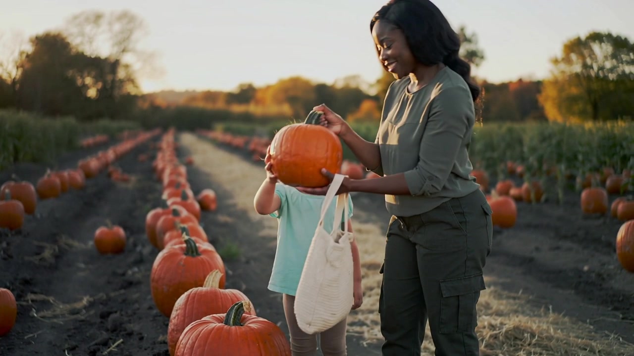Mujer señalando con blusa color oliva guiando a un niño en un campo de calabazas, levantando una calabaza y metiéndola en un cesto para la cosecha.