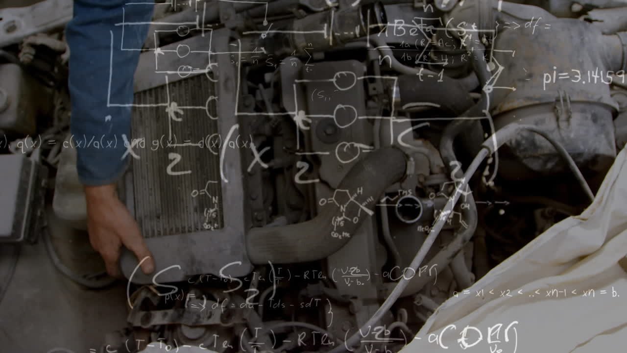 워크에서 백인 남성 기계학자에 대한 수학적 방정식의 애니메이션