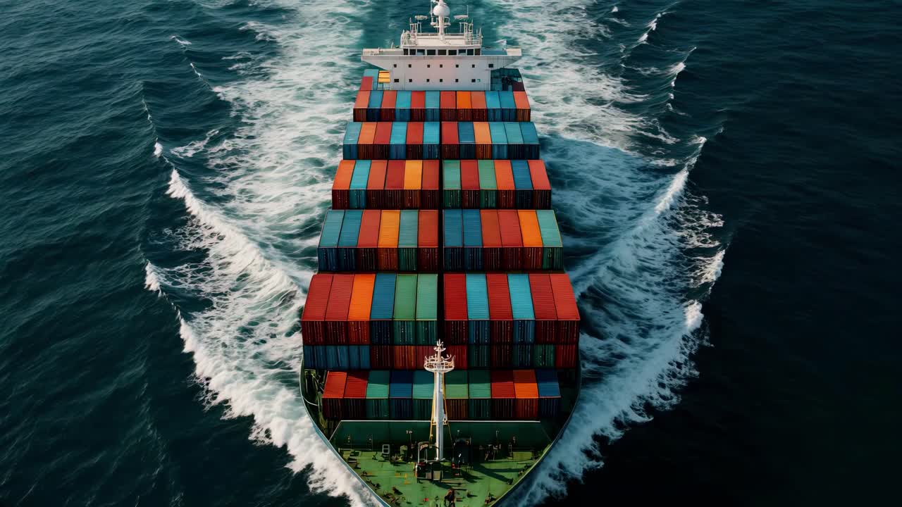 Aerial view of a colorful cargo ship navigating the ocean, showcasing vibrant containers