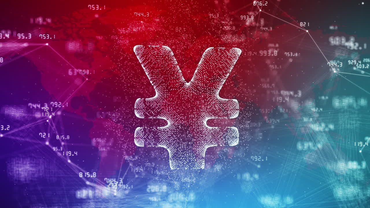 Japanese yen sign on colored background with changing financial indicators. Lines and dots with moving numbers. Abstract looped animation.