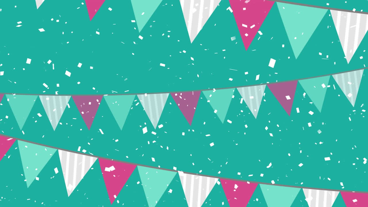 animación de bunting blanco, rosa y verde con confeti cayendo sobre un fondo verde