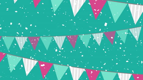 animation of white pink and green bunting with confetti falling on green background