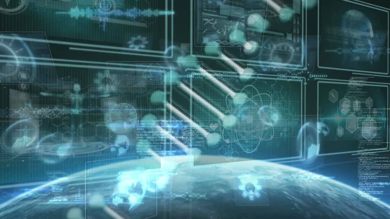 Animation of spinning dna strand over data processing on screens