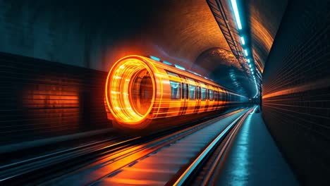 colorful train speeding through dark urban subway tunnel