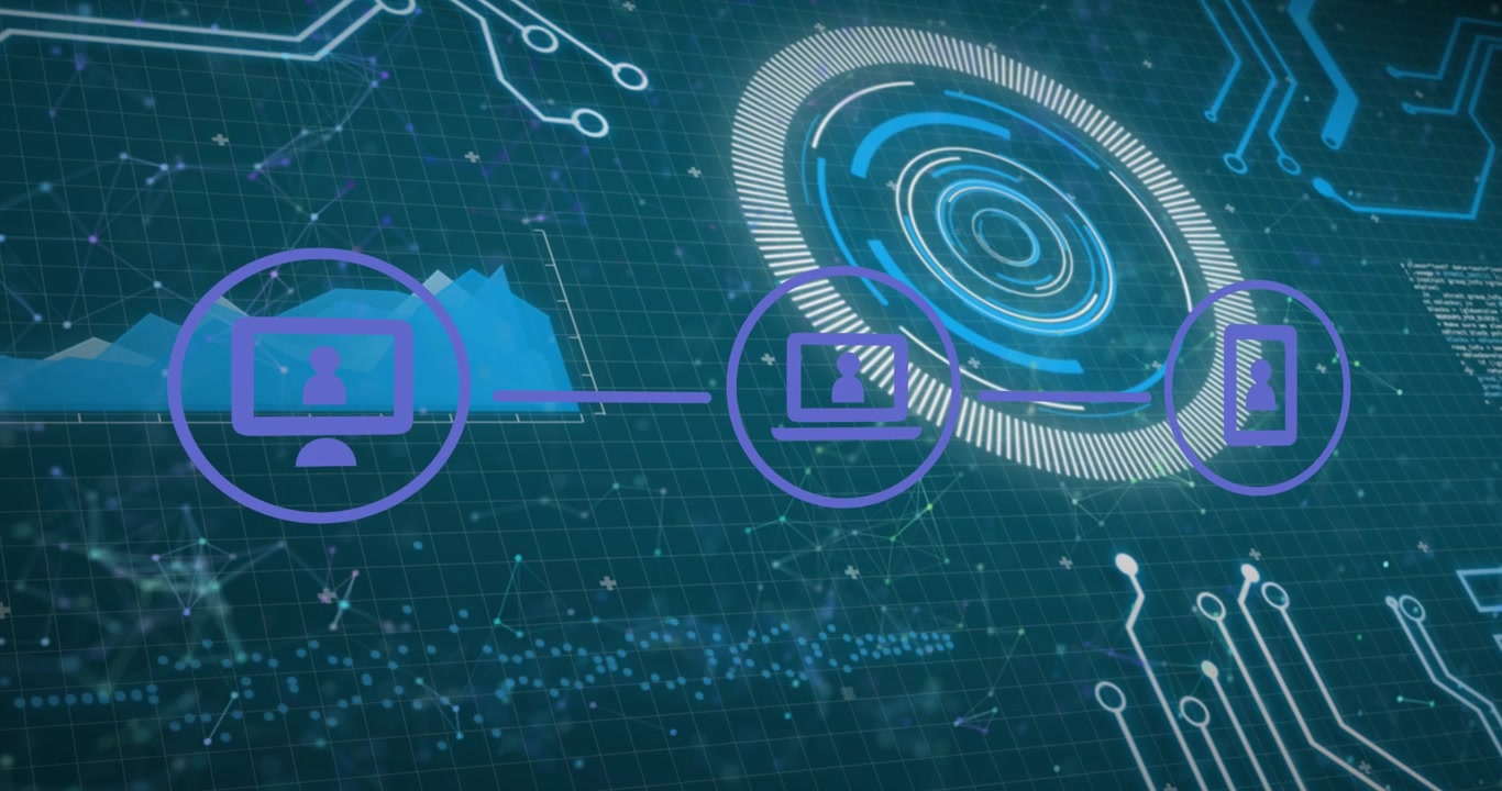 Animation of icons with network of connections and scope scanning, data processing