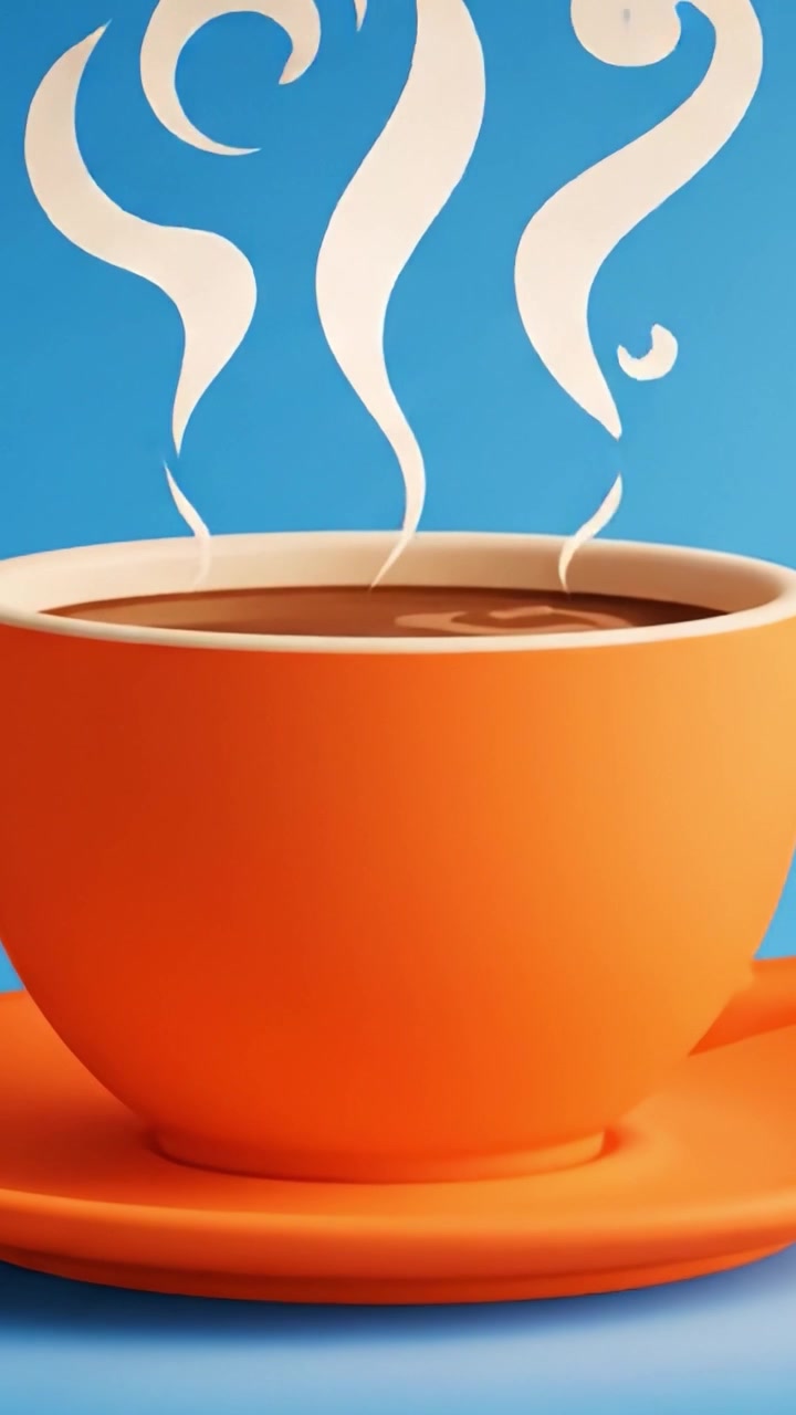 Una tazza di caffè arancione vibrante: Uno sguardo invitante al caffè appena preparato con aroma fumante su uno sfondo blu rilassante