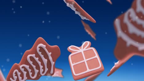 Animation-of-christmas-gingerbread-cookies-over-snowflakes-falling-on-blue-background