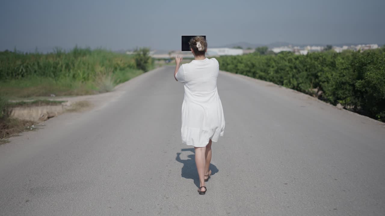 Woman Walking on Country Road with Tablet