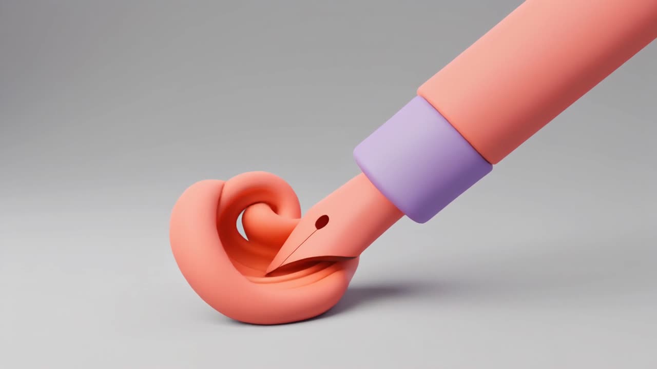 Animazione 3D di una penna stilizzata che disegna una spirale fluida