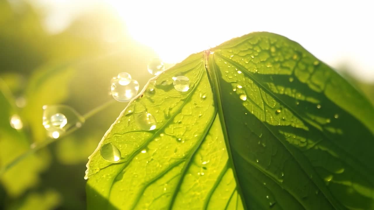 빛 에 있는 초록색 잎 에 내리는 이슬