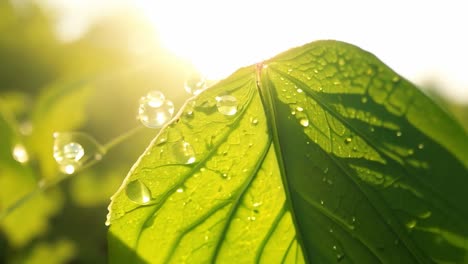 gotas de rocío en una hoja verde a la luz del sol