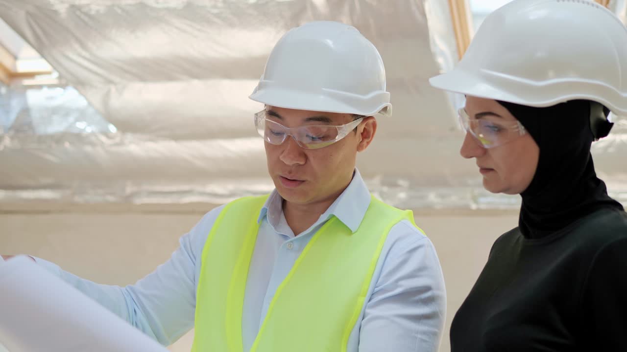 colaboración multinacional de una mujer de negocios árabe musulmana y un empresario chino. inversión alquiler compra de bienes raíces. ingeniero de la industria mostrando proyecto en portátil inversor árabe musulmán.