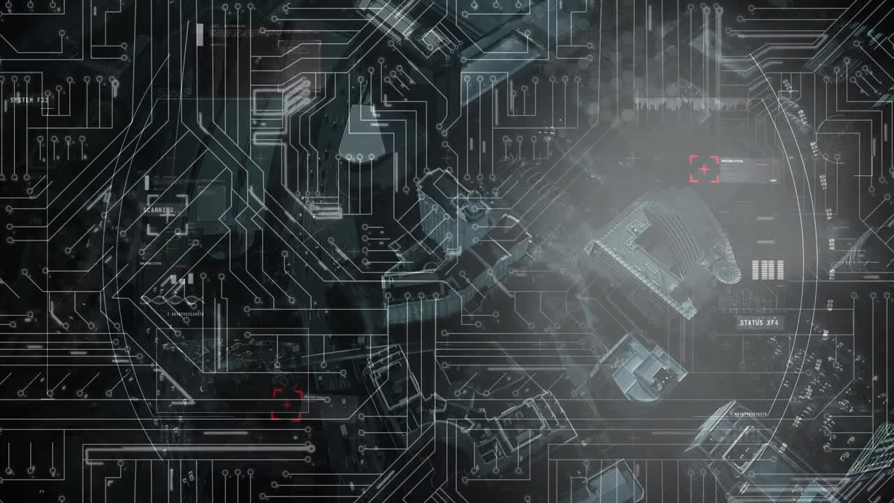 Computer circuit board and rotating ring on black background