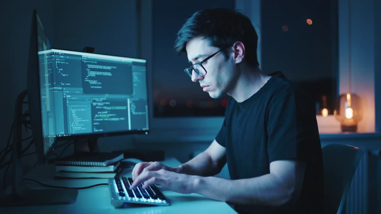 Typing programmer at desk at night, monitor glow drawing focus to backlit keyboard and code