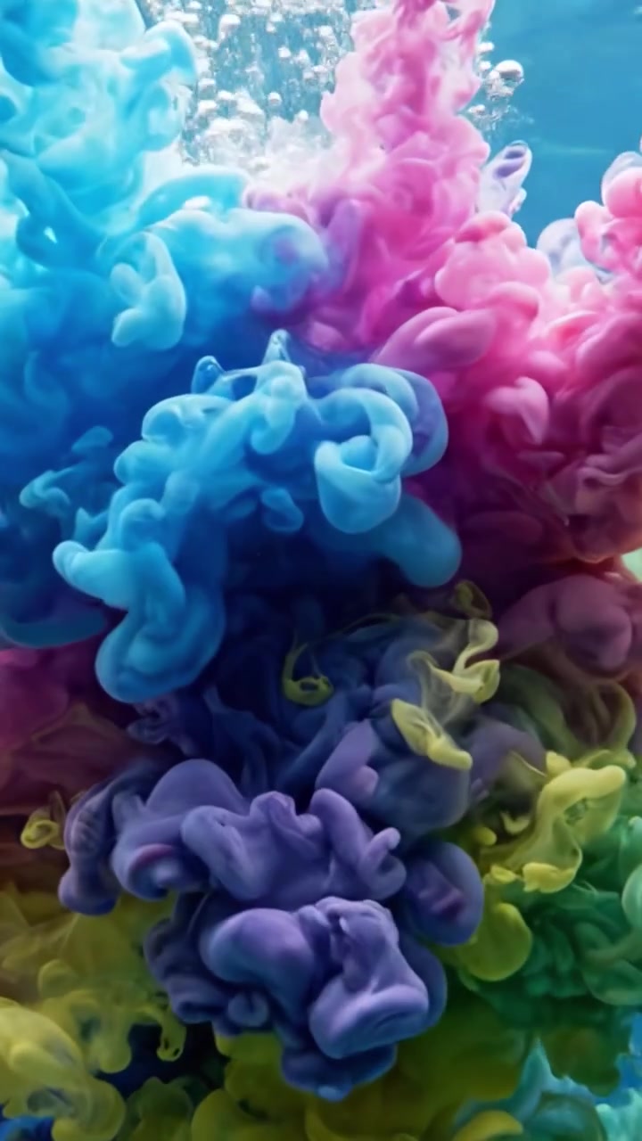 Vortici e bolle colorate: una danza ipnotizzante di coloranti e acqua che crea motivi vivaci sotto la superficie in una rappresentazione artistica subacquea.