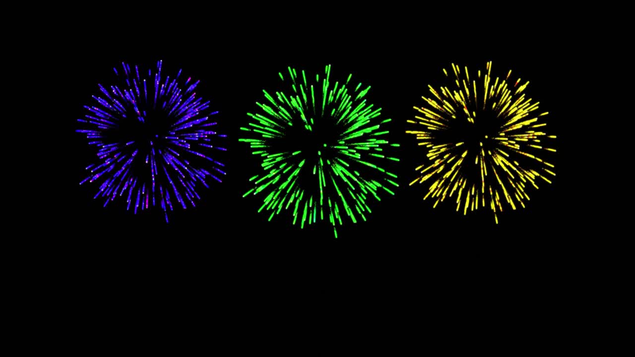 Animazione di fuochi d'artificio colorati di Natale e Capodanno che esplodono nel cielo notturno
