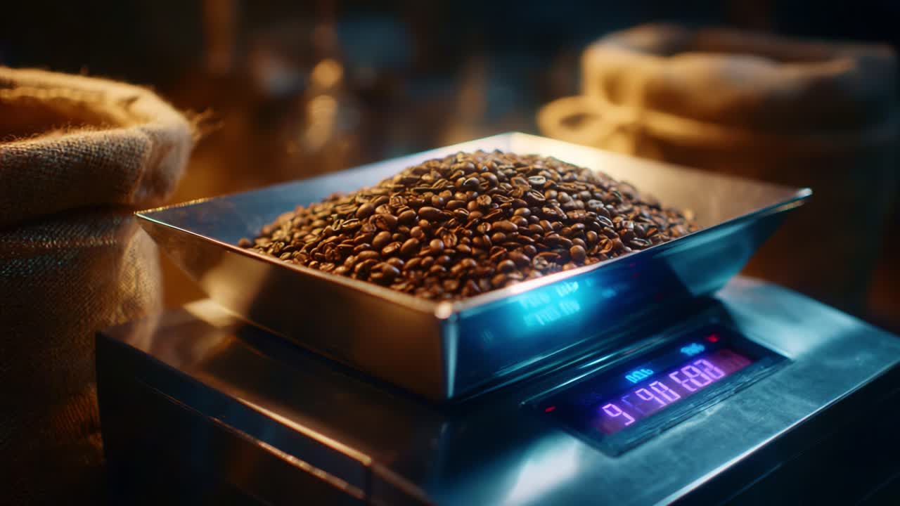 Measuring Freshly Roasted Coffee Beans on a Scale: Capturing the Perfect Portion for Brewing Delightful Coffee Experiences with Quality and Precision