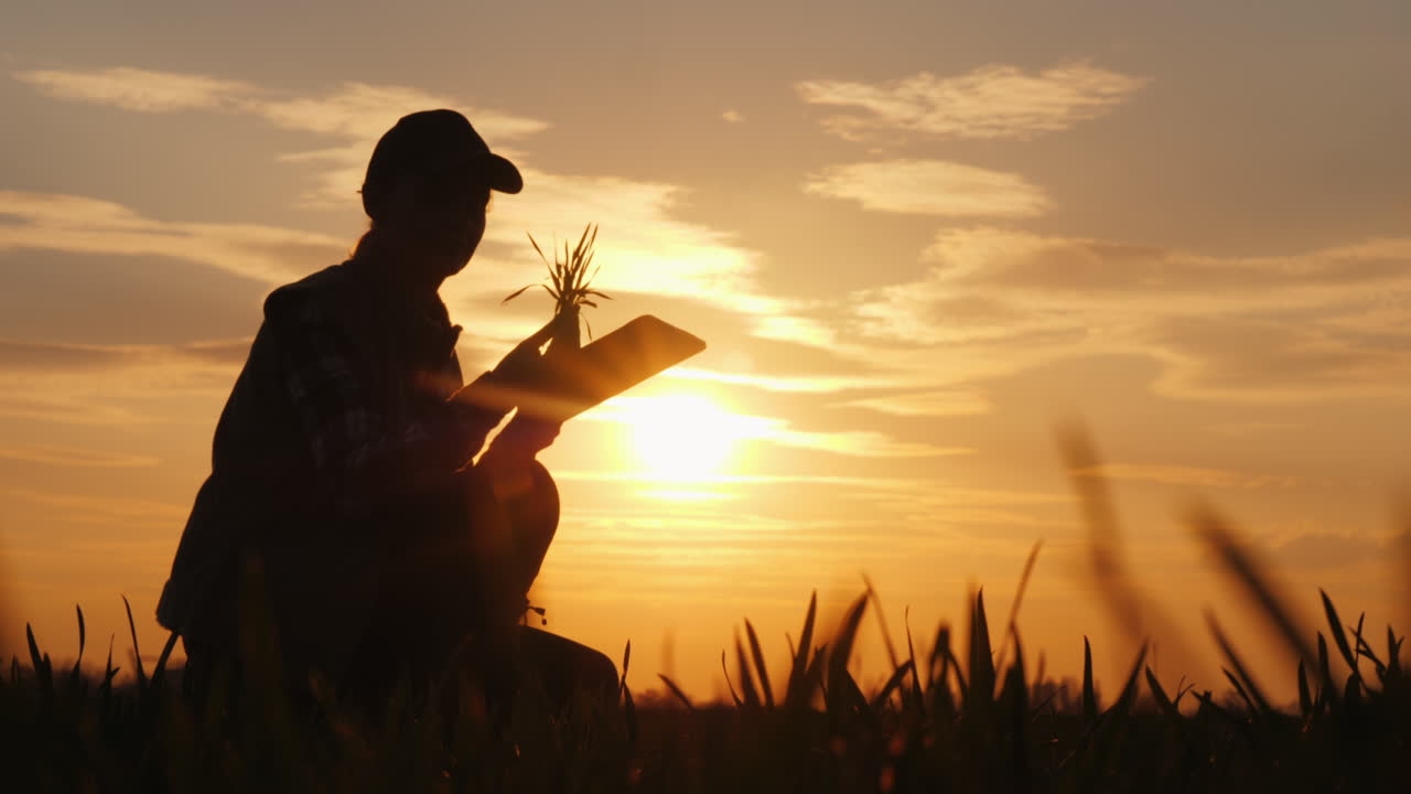 태블릿을 사용하여 들판에 있는 식물의 묘목을 연구하는 젊은 여성 농부