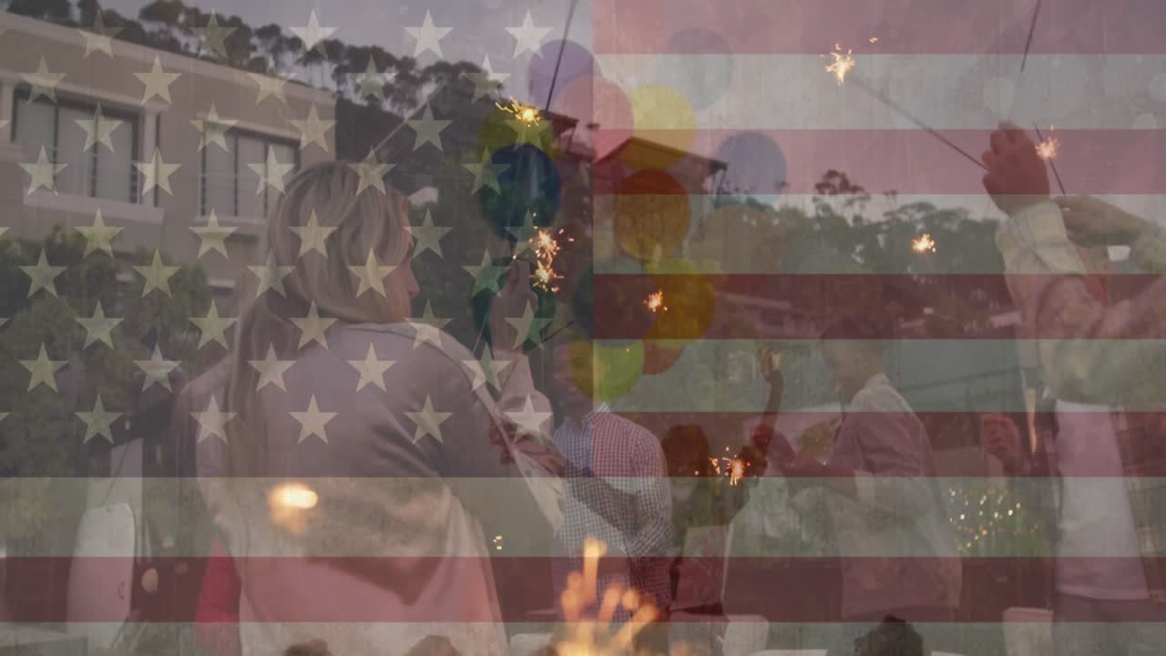 미국  ⁇ 발 위의 해변 파티에서 다양한 친구들의 애니메이션