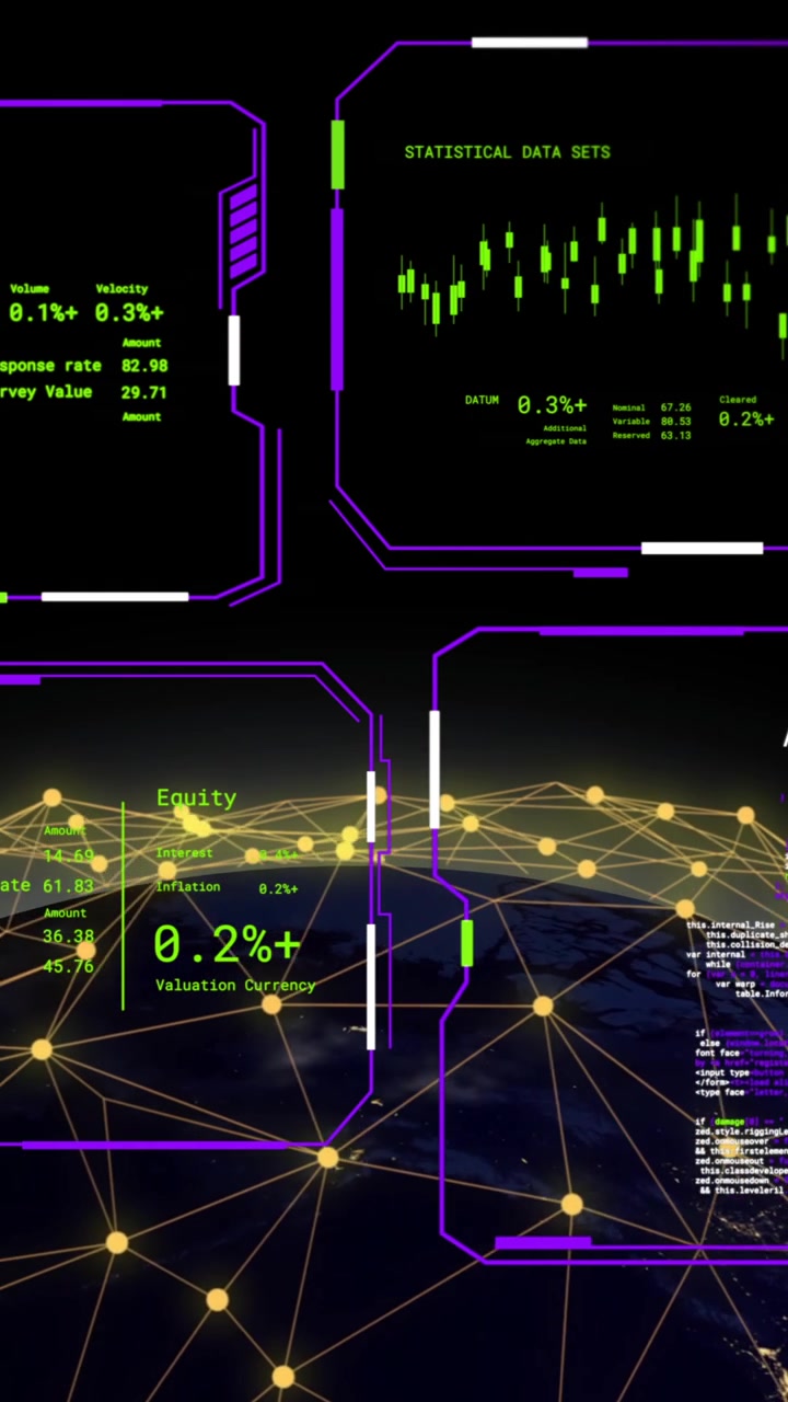 Animation of digital data processing on screens and globe over black background