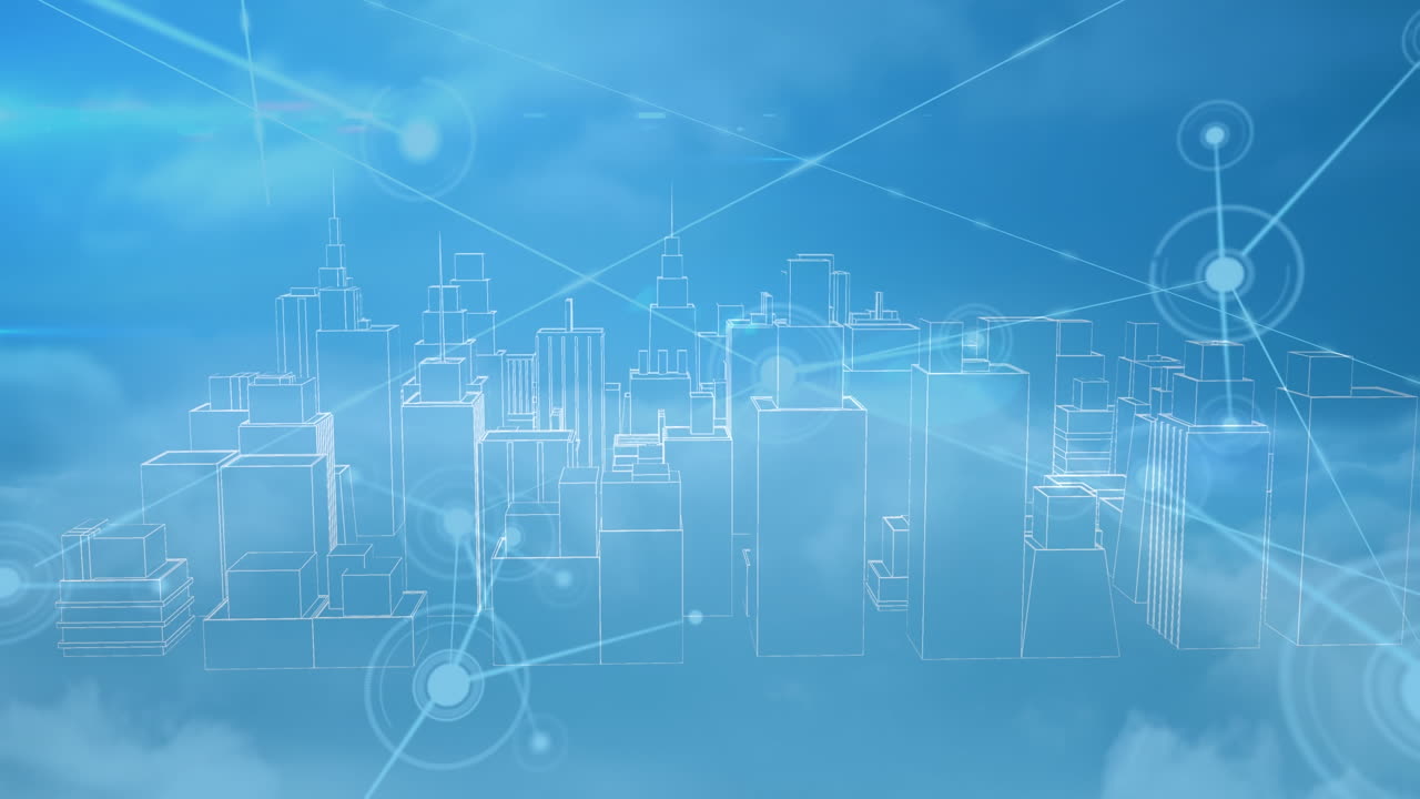 animación de la red de conexiones sobre la ciudad digital sobre fondo azul