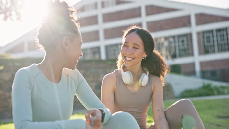 fitness, outdoor and girl friends in conversation