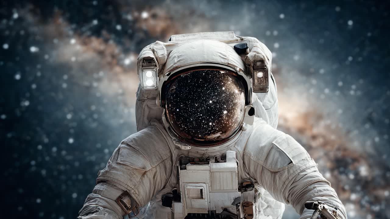 En betagende rejse gennem rummet: En astronaut svæver midt blandt universets kosmiske undere, der indfanger galaksernes og stjernernes uendelige skønhed.