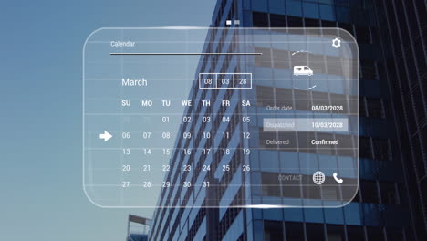 animación de la interfaz digital con procesamiento de datos sobre el edificio de oficinas
