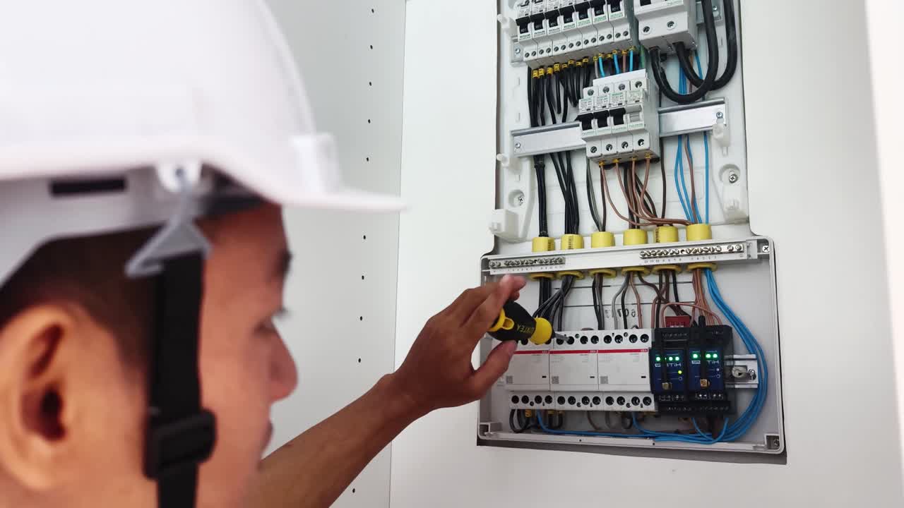 Electrician working on an electrical panel with a screwdriver