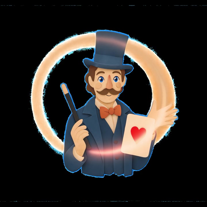 Mago animato che tiene una bacchetta magica e una carta da gioco con un cuore