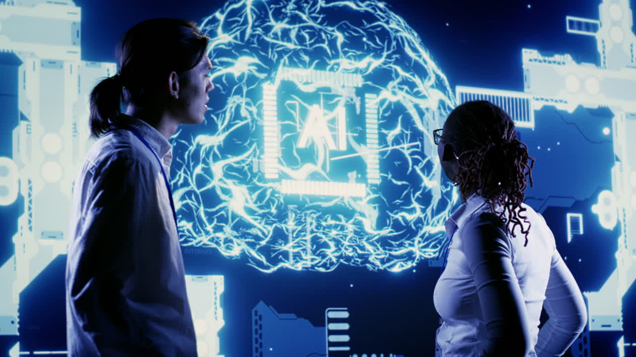 Workers using AI computing simulation