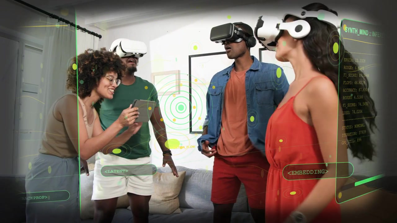 Quattro adulti in salotto che toccano un tablet e indossano visori, con HUD incorporato che guida il test VR.