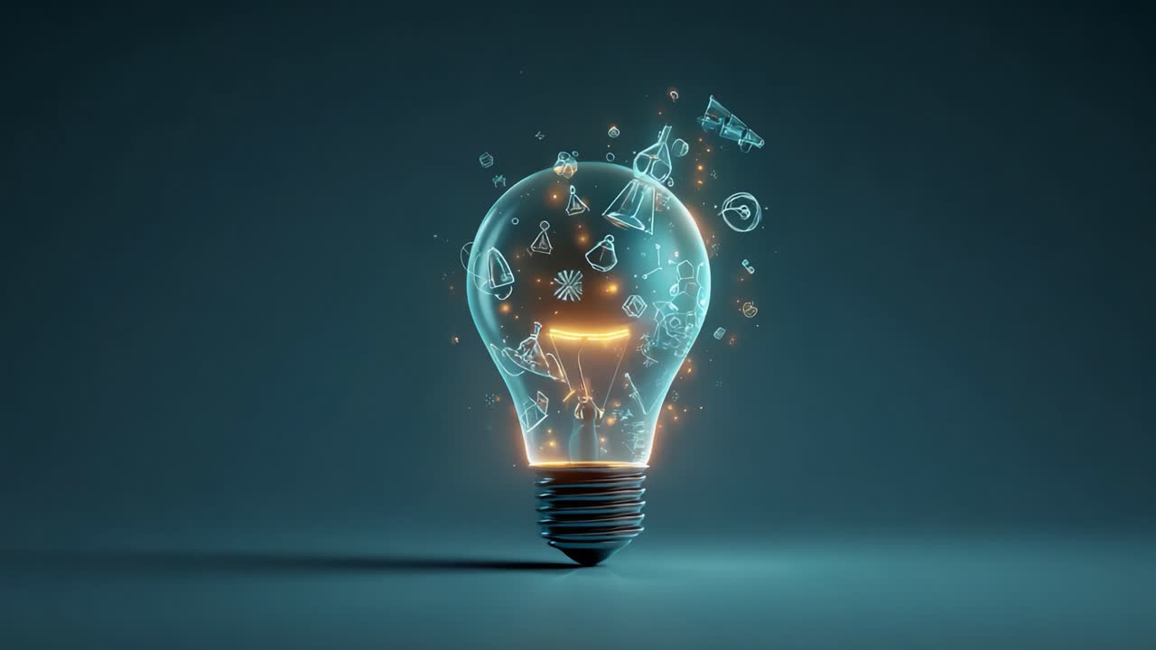 An Innovative Representation of a Light Bulb Illuminating Ideas with Vibrant Graphics and Creative Symbols, Expressing Concepts of Knowledge and Inspiration