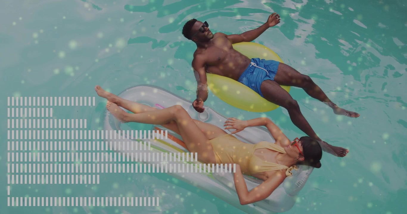 Two people relaxing on pool floats with digital data animation overlay