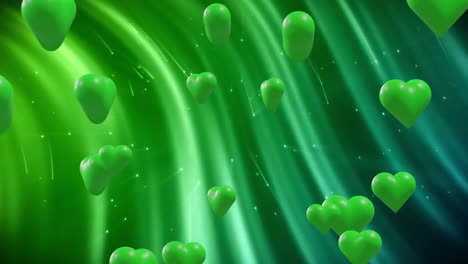 Animation-of-green-hearts-over-light-trails-on-green-background