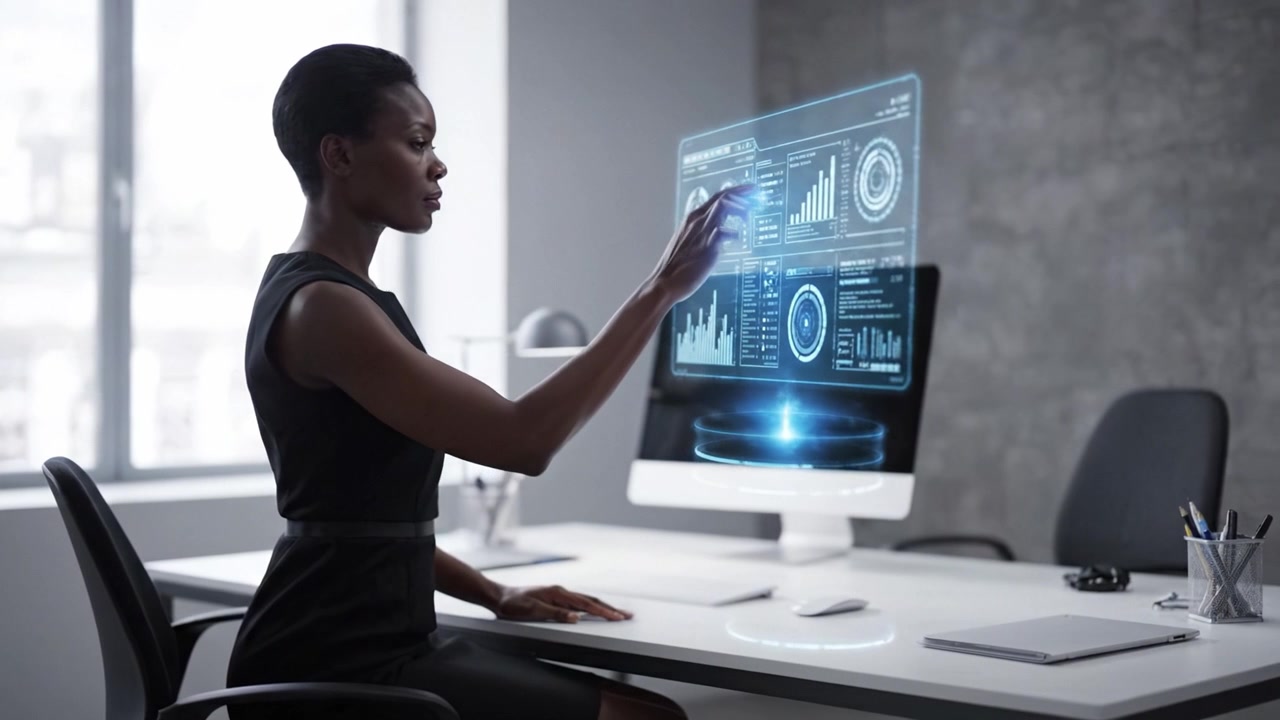 A professional woman in a modern office engaged in analyzing futuristic data on a holographic display, showcasing her focus and expertise in technology.