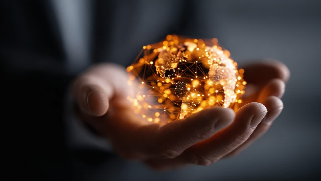 A Human Hand Cradling a Glowing Earth Representation, with Networks of Light Demonstrating Global Connectivity and Digital Transformation in a Modern Era