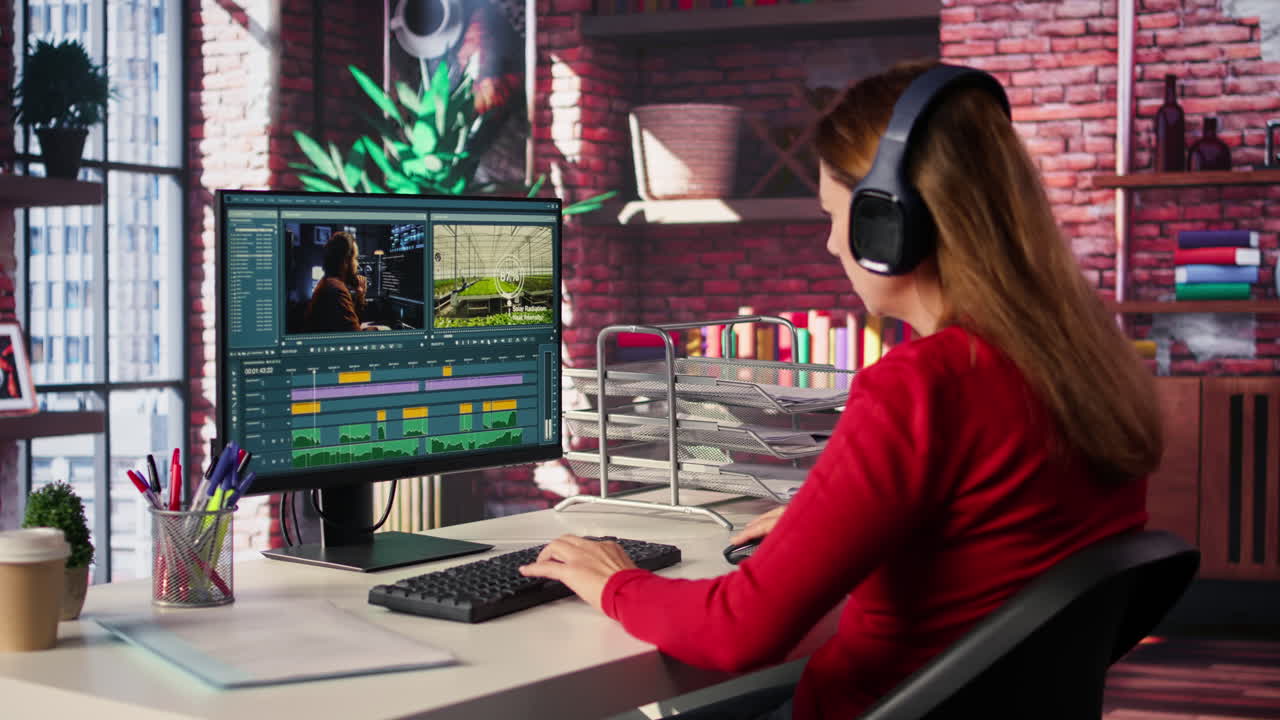 Woman Editing Video at Computer