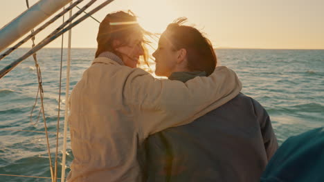 back, lesbian couple and hug on boat at sunset