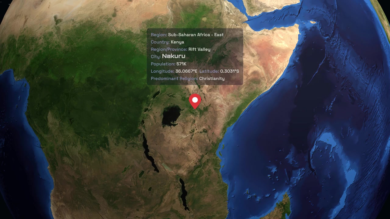Digital animation zooms from space into Kenya, highlighting Nakuru with a data information panel