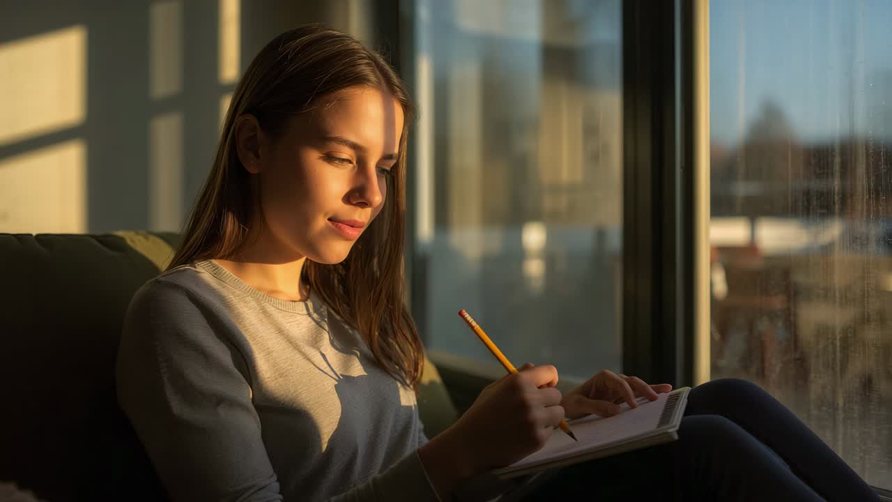 Starting with pencil touching notebook, woman in grey sweater writing on couch by window, for study