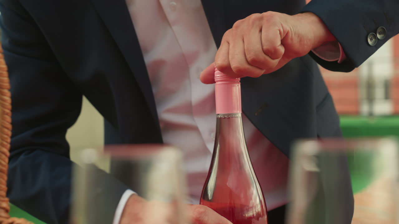 uomo che apre una bottiglia di rosé a un appuntamento su un tetto, giacca elegante, cesto da picnic in vimini, flûte sfocate in primo piano, calda luce del tramonto, rotazione decisa del tappo di metallo, versamento lento nei bicchieri, atmosfera intima e romantica