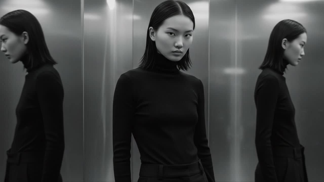 A Captivating Portrait Series of a Model in a Stylish Black Turtleneck in an Elegantly Designed Modern Elevator Space Reflecting Confident Attitudes and Poised Elegance