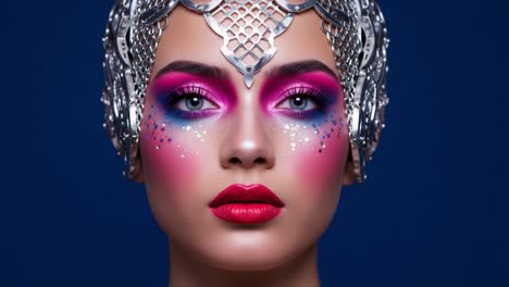 striking beauty: an elegant close-up of a model with bold makeup and a unique silver headpiece against a deep blue background, capturing individuality and style