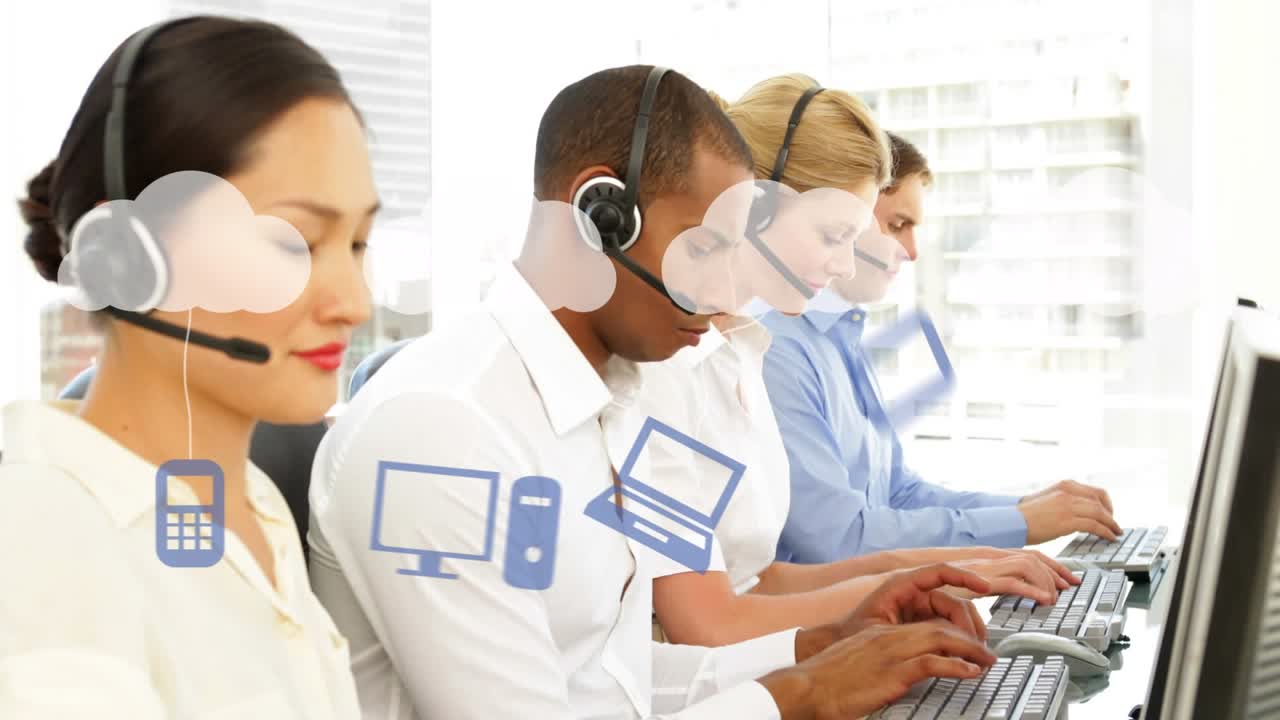 Animation of clouds and tech devices over diverse consultants working with computers