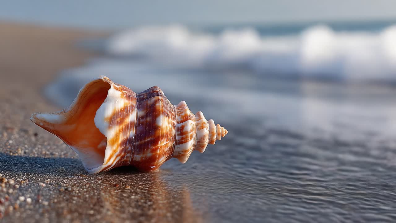 A Stunning Close-Up of a Beautiful Seashell on the Shore, Capturing the Serenity of the Beach and the Gentle Waves Lapping Against the Sand