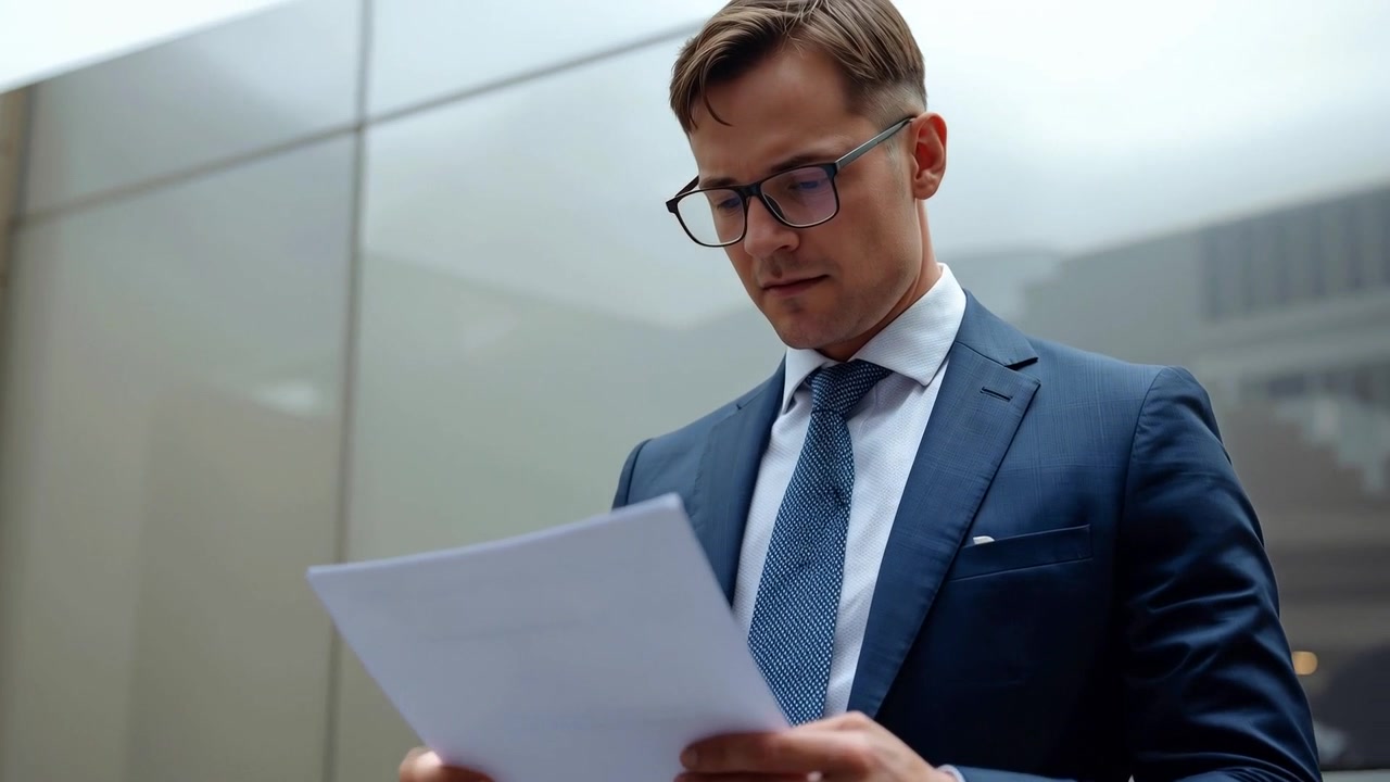 Mentre si stringono la mano, un uomo in abito blu navy riceve e scansiona documenti nell'atrio, controllando i termini del contratto