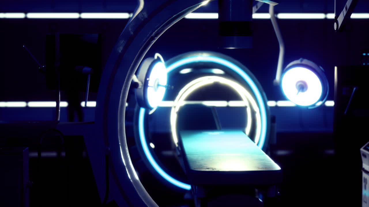 Macchina per risonanza magnetica illuminata in una struttura medica moderna di notte