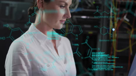 Animación-Del-Procesamiento-De-Datos-Y-Fórmula-Química-Sobre-Una-Trabajadora-Caucásica-En-La-Sala-De-Servidores